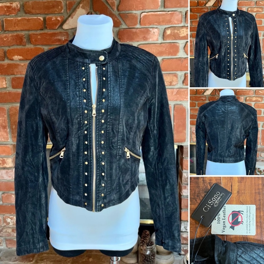 Black MOD Steampunk COUTURE Cropped Studded Moto Rock Faux Leather Jacke… - Picture 3 of 12